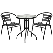 Flash Furniture TLH-071RD-017CBK2-GG 23.75" Round Glass Metal Table with 2 Black Metal Aluminum Slat Stack Chairs,