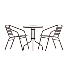 Flash Furniture TLH-071RD-017CBZ2-GG 23.75" Round Glass Top Metal Table with 2 Bronze Aluminum Slat Stack Chairs,