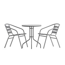 Flash Furniture TLH-071RD-017CSV2-GG 23.75" Round Glass Top Metal Table with 2 Silver Aluminum Slat Stack Chairs,