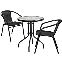 Flash Furniture TLH-071RD-037BK2-GG 23.75" Round Glass Metal Table with 2 Black Rattan Stack Chairs,