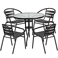 Flash Furniture TLH-072RD-017CBK4-GG 31.5" Round Glass Metal Table with 4 Black Metal Aluminum Slat Stack Chairs,