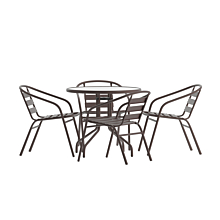 Flash Furniture TLH-072RD-017CBZ4-GG 31.5" Round Glass Top Metal Table with 4 Bronze Aluminum Slat Stack Chairs,