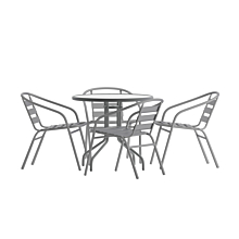 Flash Furniture TLH-072RD-017CSV4-GG 31.5" Round Glass Top Metal Table with 4 Silver Aluminum Slat Stack Chairs,
