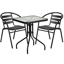 Flash Furniture TLH-0731SQ-017CBK2-GG 23.5" Square Glass Metal Table with 2 Black Metal Aluminum Slat Stack Chairs,