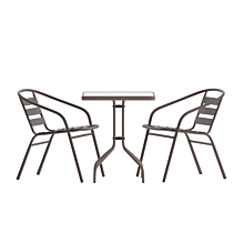 Flash Furniture TLH-0731SQ-017CBZ2-GG 23.5" Square Glass Top Metal Table with 2 Bronze Aluminum Slat Stack Chairs,