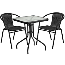 Flash Furniture TLH-0731SQ-037BK2-GG 23.5" Square Glass Metal Table with 2 Black Rattan Stack Chairs,