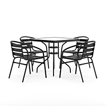 Flash Furniture TLH-0732SQ-017CBK4-GG 31.5" Square Glass Metal Table with 4 Black Metal Aluminum Slat Stack Chairs,