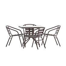 Flash Furniture TLH-0732SQ-017CBZ4-GG 31.5" Square Glass Top Metal Table with 4 Bronze Aluminum Slat Stack Chairs,