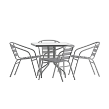 Flash Furniture TLH-0732SQ-017CSV4-GG 31.5" Square Glass Top Metal Table with 4 Silver Aluminum Slat Stack Chairs,