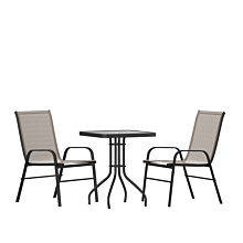 Flash Furniture TLH-073A1303C-BN-GG 3 Piece Outdoor Patio Dining Set - 23.5" Square Tempered Glass Patio Table, 2 Brown Flex Comfort Stack Chairs,