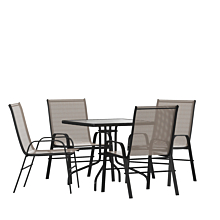 Flash Furniture TLH-073A2303C-BN-GG 5 Piece Outdoor Patio Dining Set - 31.5" Square Tempered Glass Patio Table, 4 Brown Flex Comfort Stack Chairs,