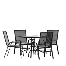 Flash Furniture TLH-073A2303C-GG 5 Piece Outdoor Patio Dining Set - 31.5" Square Tempered Glass Patio Table, 4 Black Flex Comfort Stack Chairs,