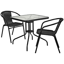 Flash Furniture TLH-073SQ-037BK2-GG 28" Square Glass Metal Table with Black Rattan Edging and 2 Black Rattan Stack Chairs,