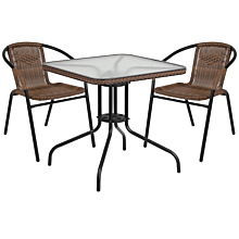 Flash Furniture TLH-073SQ-037BN2-GG 28" Square Glass Metal Table with Dark Brown Rattan Edging and 2 Dark Brown Rattan Stack Chairs,