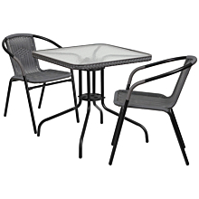 Flash Furniture TLH-073SQ-037GY2-GG 28" Square Glass Metal Table with Gray Rattan Edging and 2 Gray Rattan Stack Chairs,