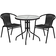 Flash Furniture TLH-087RD-037BK2-GG 28" Round Glass Metal Table with Black Rattan Edging and 2 Black Rattan Stack Chairs,