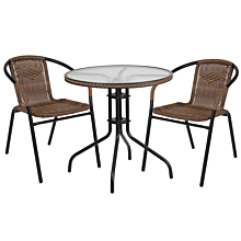 Flash Furniture TLH-087RD-037BN2-GG 28" Round Glass Metal Table with Dark Brown Rattan Edging and 2 Dark Brown Rattan Stack Chairs,