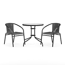 Flash Furniture TLH-087RD-037GY2-GG 28" Round Glass Metal Table with Gray Rattan Edging and 2 Gray Rattan Stack Chairs,