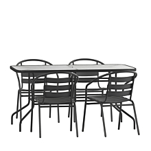 Flash Furniture TLH-089REC-017CBK4-GG 5 Piece Patio Dining Set - 55" Tempered Glass Patio Table with Umbrella Hole - 4 Black Metal Aluminum Slat Stack Chairs,