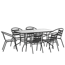 Flash Furniture TLH-089REC-017CBK6-GG 7 Piece Patio Dining Set - 55" Tempered Glass Patio Table with Umbrella Hole, 6 Black Metal Aluminum Slat Stack Chairs,
