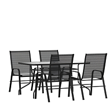 Flash Furniture TLH-089REC-303CBK4-GG 5 Piece Outdoor Patio Dining Set - 55" Tempered Glass Patio Table with Umbrella Hole, 4 Black Flex Comfort Stack Chairs,