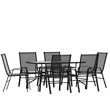 Flash Furniture TLH-089REC-303CBK6-GG 7 Piece Outdoor Patio Dining Set - 55" Tempered Glass Patio Table with Umbrella Hole, 6 Black Flex Comfort Stack Chairs,