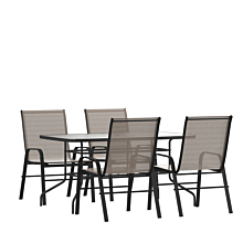 Flash Furniture TLH-089REC-303CBN4-GG 5 Piece Outdoor Patio Dining Set - 55" Tempered Glass Patio Table with Umbrella Hole, 4 Brown Flex Comfort Stack Chairs,
