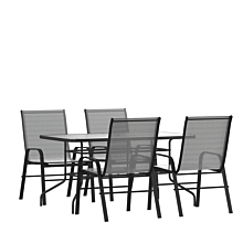 Flash Furniture TLH-089REC-303CGY4-GG 5 Piece Outdoor Patio Dining Set - 55" Tempered Glass Patio Table with Umbrella Hole, 4 Gray Flex Comfort Stack Chairs,