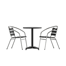 Flash Furniture TLH-ALUM-24RD-017BK2-GG 23.5" Black Round Aluminum Indoor-Outdoor Table Set with 2 Black Slat Back Chairs,
