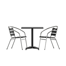 Flash Furniture TLH-ALUM-28SQ-017BK2-GG 27.5" Black Square Aluminum Indoor-Outdoor Table Set with 2 Black Slat Back Chairs,