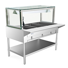 Prepline 48" Three Well Gas Hot Food Steam Table with Lighted Sneeze Guard and Undershelf