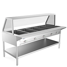 Prepline 74" Five Well Gas Hot Food Steam Table with Sneeze Guard and Undershelf