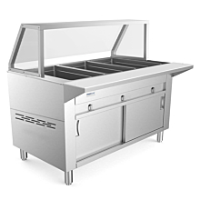 Prepline 48" Three Pan Sealed Well Gas Hot Food Steam Table with Sneeze Guard and Sliding Doors