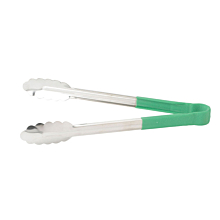 Winco UTPH-9G 9" Stainless Steel Utility Tongs with Green Polypropylene Handle