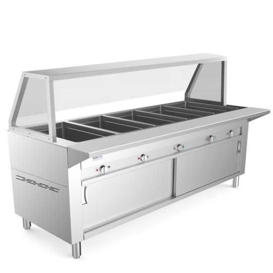 Prepline 74" Five Pan Sealed Well Gas Hot Food Steam Table with Sneeze Guard and Sliding Doors
