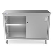 Prepline PC-1848 18"D x 48"L  Stainless Steel Enclosed Base Work Table with Sliding Doors and Adjustable Shelf