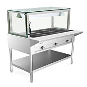 Prepline 48" Three Well Electric Hot Food Steam Table with Lighted Sneeze Guard and Undershelf - 120V, 1500W