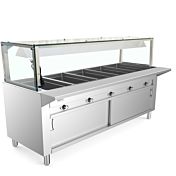 Prepline 74" Five Pan Sealed Well Electric Hot Food Steam Table with Lighted Sneeze Guard and Enclosed Base - 208/240V, 3750W