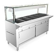Prepline 74" Five Pan Sealed Well Gas Hot Food Steam Table with Lighted Sneeze Guard and Sliding Doors