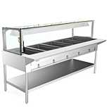 Prepline 74" Five Pan Sealed Well Gas Hot Food Steam Table with Lighted Sneeze Guard and Undershelf