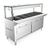 Prepline 74" Five Pan Sealed Well Gas Hot Food Steam Table with Lighted Sneeze Guard and Sliding Doors