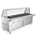 Prepline 74" Five Pan Sealed Well Gas Hot Food Steam Table with Sneeze Guard and Sliding Doors