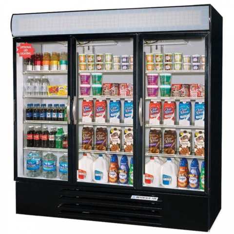 Beverage Air MMR72HC-1-B Marketmax 75" Triple Glass Swing Door Black Refrigerated Merchandiser with LED Lighting - 72 Cu. Ft.