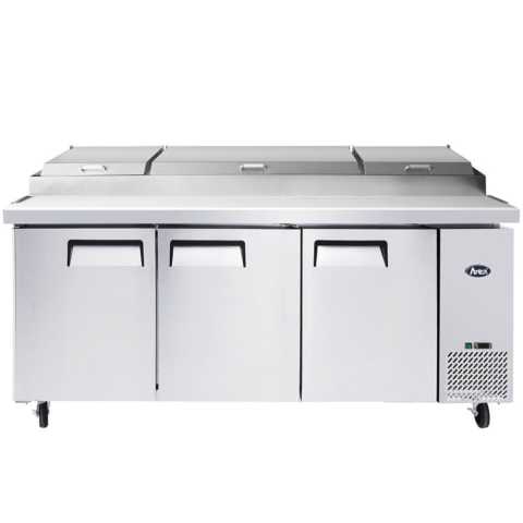 Atosa MPF8203GR 93" Three Section 3 Hinged Solid Door Refrigerated Pizza Prep Table - (12) 1/3 size pans