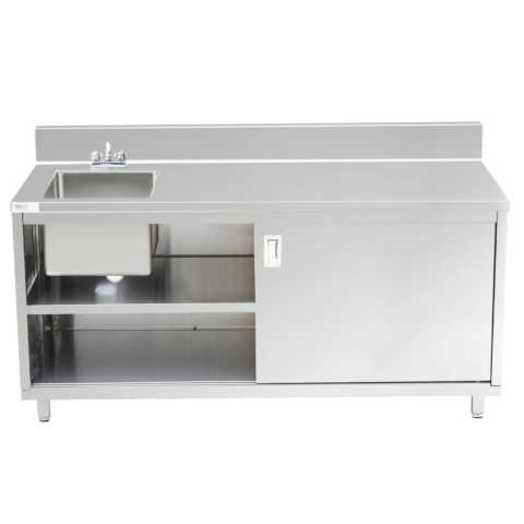 Prepline 24"D x 72"L Stainless Steel Enclosed Base Work Table with Sink and Sliding Doors