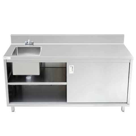 Prepline 30"D x 72"L Stainless Steel Enclosed Base Work Table with Sink and Sliding Doors