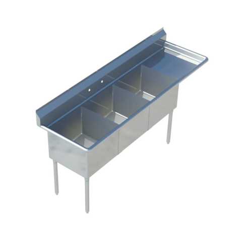 Sapphire SMS-3-2020R 83" Three Compartment Sink with 20"L x 20"D x 14"H Bowl and Right Drainboard