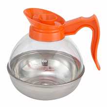 Winco CD-64O 64 oz Polycarbonate Decaf Coffee Decanter with Stainless Steel Bottom and Orange Handle