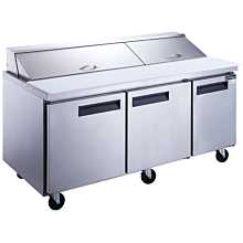 Dukers DSP72-18-S3 72" Three Door Regular Top Refrigerated Food Prep Table Cutting Board and Food Pans