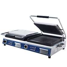 Globe GPGSDUE14D Deluxe Double Panini Grill with Grooved Tops and Smooth Bottoms - 208/240V